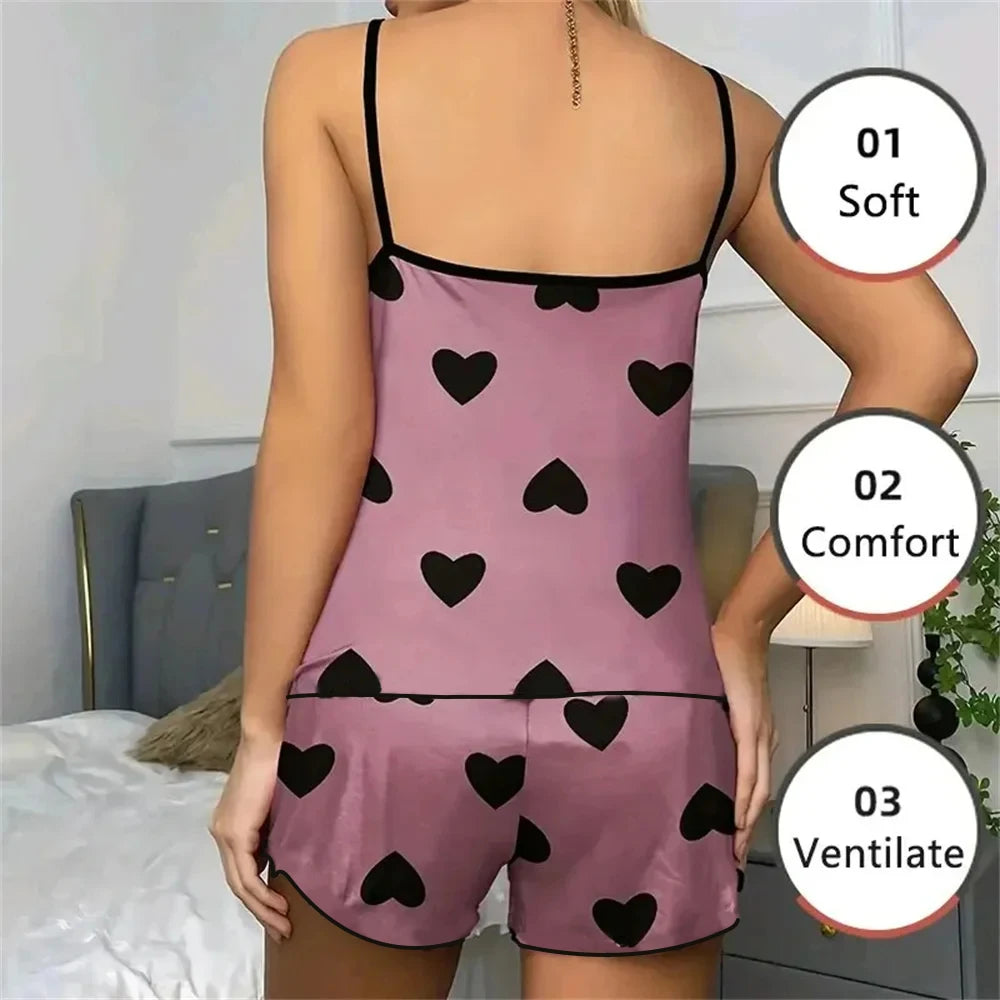 Conjunto de Pijamas Femininos Camisetas Shorts Impressão em Forma de Coração T-Shirt de Decote Redondo Top de Seda Gelada Confortável Casual de Verão