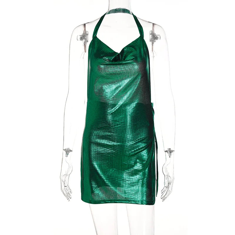 Vestido curto elegante e sexy para mulheres, com decote em V, costas nuas e detalhes de lantejoulas, perfeito para festas e dança.