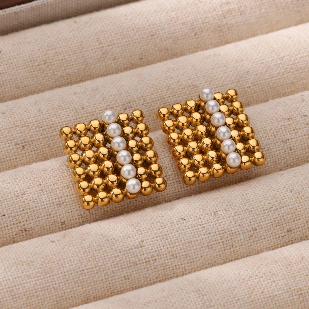 Brincos de Coração em Pérolas Douradas para Mulheres, Brincos Geométricos Quadrados em Aço Inoxidável, Joias de Casamento e Piercing da Moda para o Natal