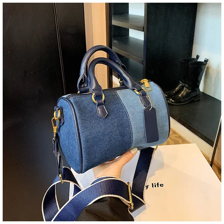 Cross Body Bags Casual Street Small Boston Bag 2025 Designer Purses Patchwork Colorblock Mini Handbags For Women Denim Shoulder