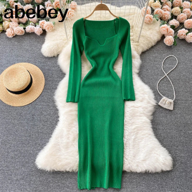 Vestidos para mulheres 2026 vestido justo sem alças em tricô canelado sexy, vestido de suéter midi de manga longa para o inverno