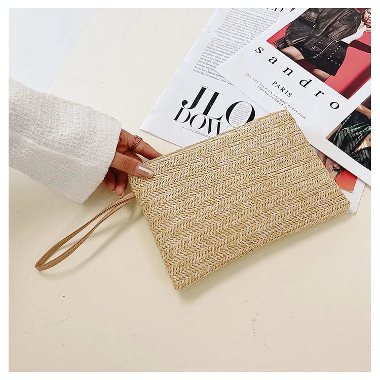 Weaving Bag Fashion Ladies Wristlet Clutch Women Daily Money Phone Clutch Solid Straw Woven Coin Purse Beach Wallet Card Holder