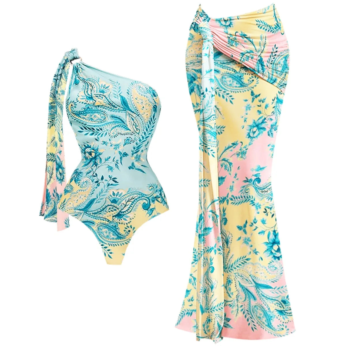 Conjunto de 2 peças de maiô listrado com saia longa, biquíni sexy feminino com push up, halter, biquíni feminino, traje de banho modelador, roupa de praia.