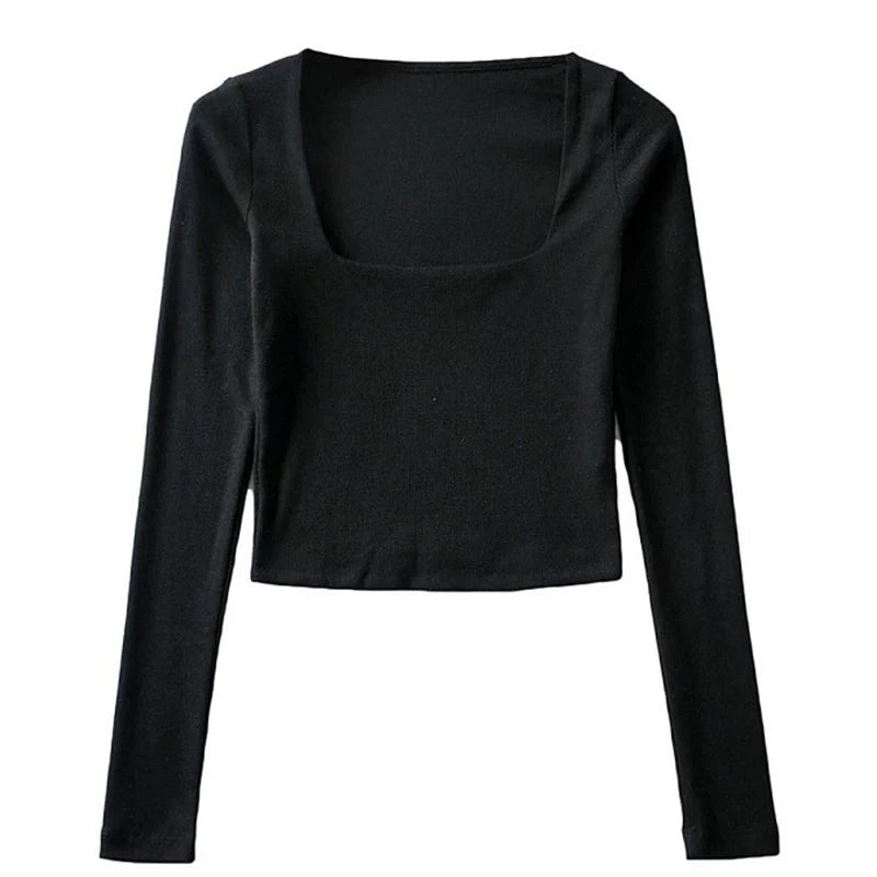 Blusa cropped de decote quadrado com mangas longas e textura canelada para mulheres