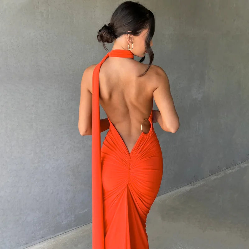 Vestido Longo de Cocktail Elegante Feminino para Festa, Costas Nuas, Abertura Costas, Com Pregas, Justo, Formal para Convidadas de Casamento