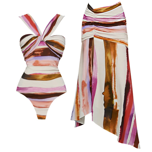 Conjunto de 2 peças de maiô listrado com saia longa, biquíni sexy feminino com push up, halter, biquíni feminino, traje de banho modelador, roupa de praia.