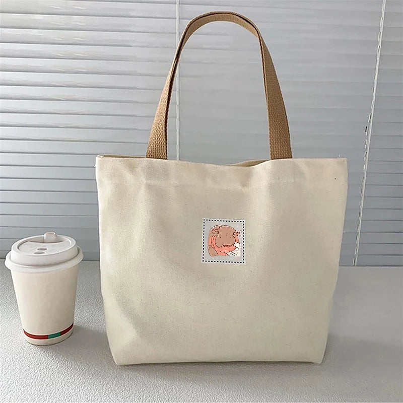 Moo Deng Fashion Canvas Women's Handbag Cute Travel Picnic Food Bag Lunch Bag