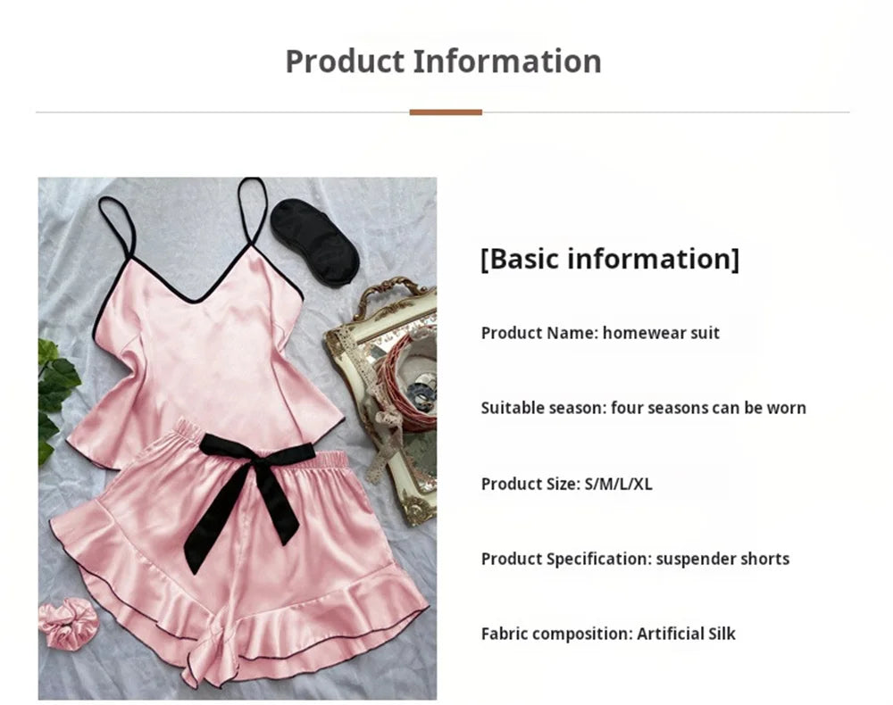 Pijamas femininos de satin lisos com camiseta em V, bordas com babados e shorts com laço. Conjunto de pijamas simples e respirável para casa.