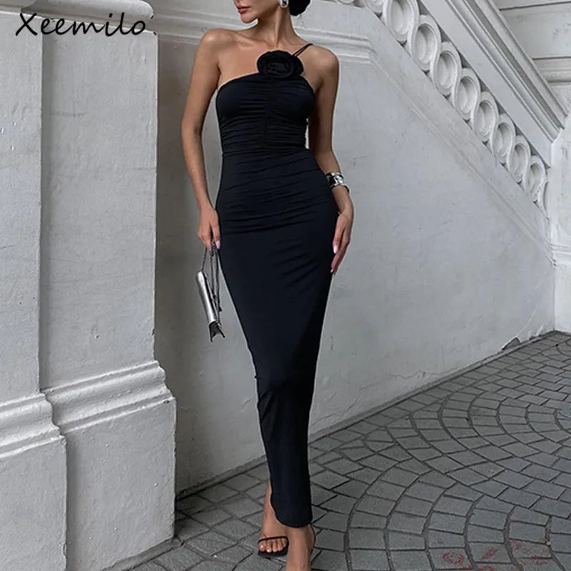 OndeMery Mulheres Elegantes Vestido Sólido Sem Mangas Slim Estético Alça Obliqua Costas Nuas Vestidos de Festa Moda Roupas para a Noite