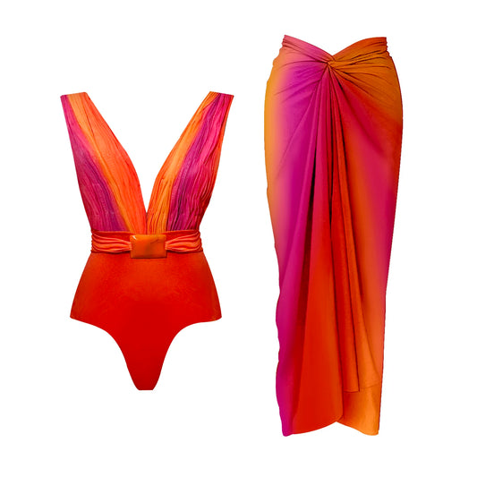 Maiô em 2 peças com decote em V profundo e saia longa, roupas de banho femininas sexy, biquíni brilhante, maiô estampado, moda de praia