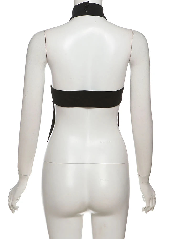 Tops de Anel em Metal em Formato de N com Decote nas Costas, Sem Mangas, Botões Halter Sexy e Charmoso para Mulheres - Roupas Midnight