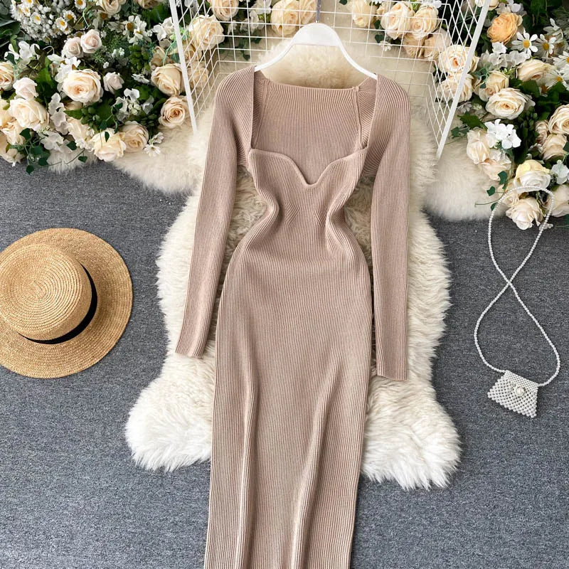 Vestidos para mulheres 2026 vestido justo sem alças em tricô canelado sexy, vestido de suéter midi de manga longa para o inverno