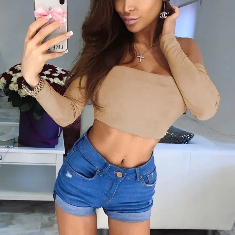 Camiseta Sexy Off Shoulder Com Decote, Barriga à Mostra, Manga Longa, Camiseta Feminina, Blusas para Ladies, Camisetas Mujer