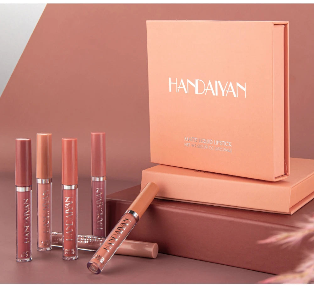 Conjunto HANDAIYAN com 6 Batons Líquidos Não Grudentos, Caixa de Presente de Brilho Labial de Longa Duração – Brilho Labial com Acabamento Fosco, Resistente ao Desgaste