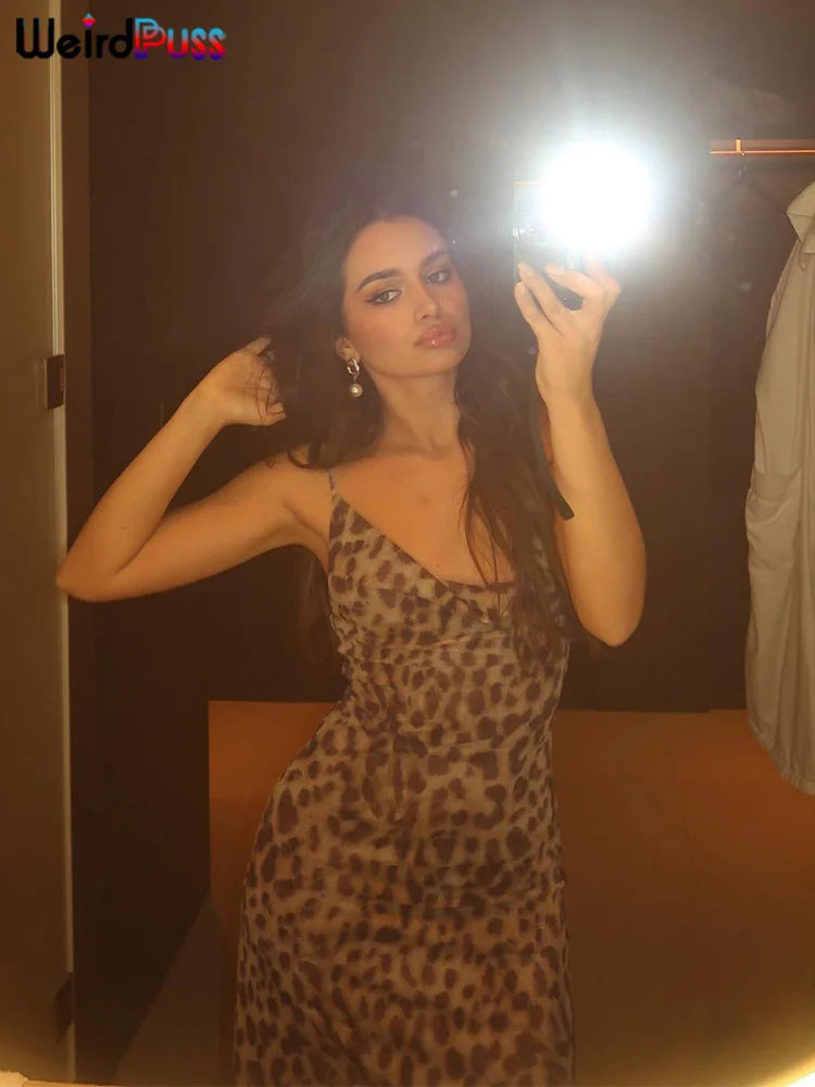 Vestido de Verão Sexy com Estampa de Onça Puss Estranha para Mulher, Com Decote Colarinho, Alças Finas, Costas Descobertas, Rendas, para Festas e Clube, Vestidos Justos