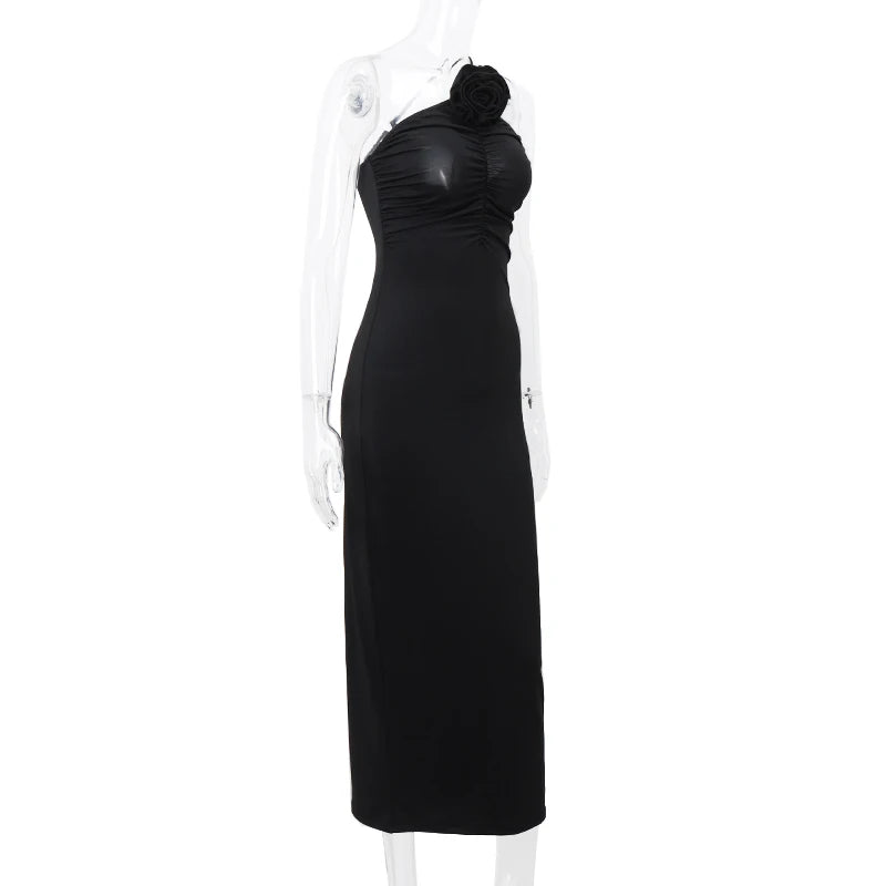 OndeMery Mulheres Elegantes Vestido Sólido Sem Mangas Slim Estético Alça Obliqua Costas Nuas Vestidos de Festa Moda Roupas para a Noite