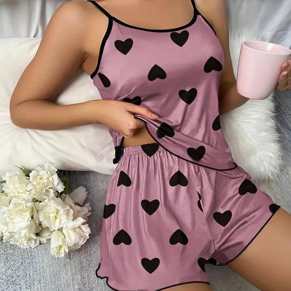 Conjunto de Pijamas Femininos Camisetas Shorts Impressão em Forma de Coração T-Shirt de Decote Redondo Top de Seda Gelada Confortável Casual de Verão