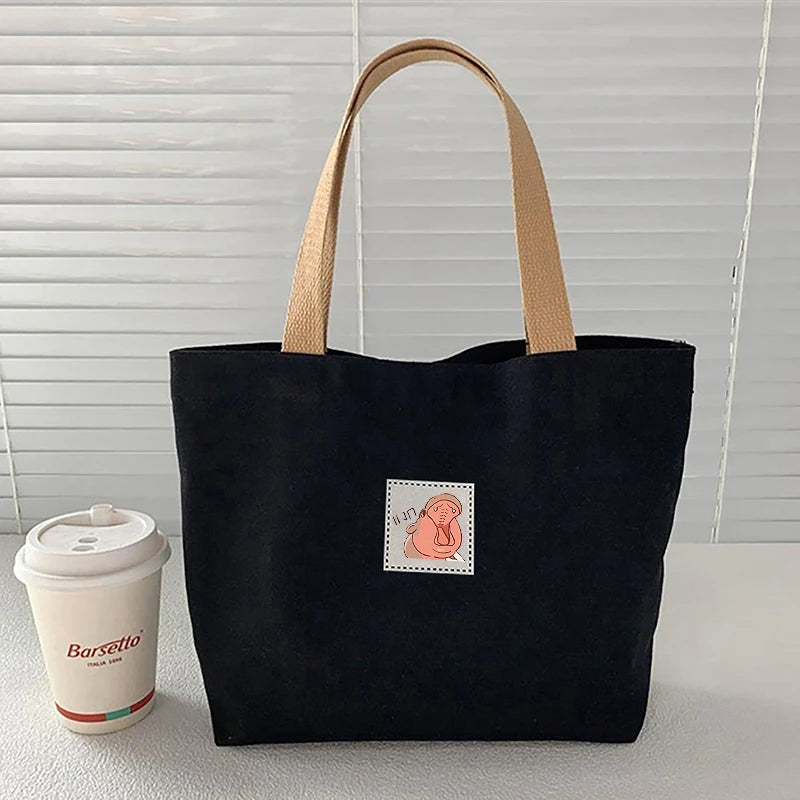 Moo Deng Fashion Canvas Women's Handbag Cute Travel Picnic Food Bag Lunch Bag