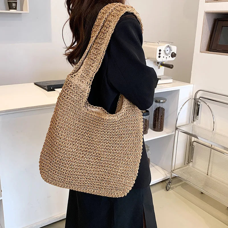 Women Beach Vintage Handmade Woven Shoulder Bag Raffia Rattan Shopping Bags Bohemian Ladies Summer Travel Vacation Casual Totes