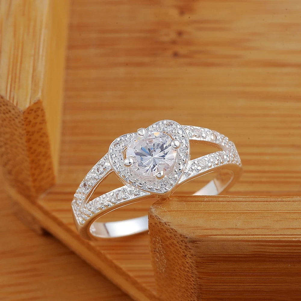 Anel de Zirconia em Coração 925 Prata Esterlina Fina 6-10# para Mulheres Casal Moda Presente de Casamento Acessórios de Joias