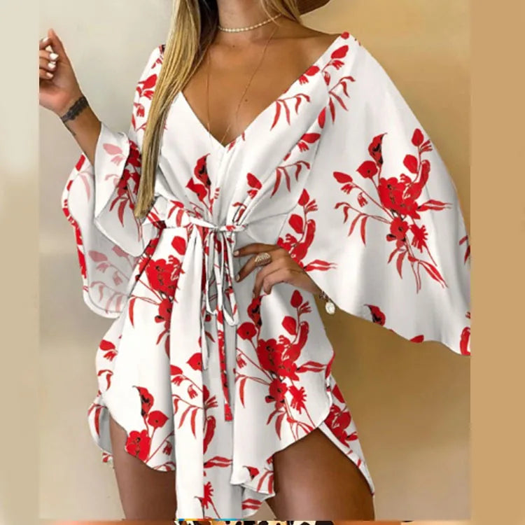 Vestido Estampado Feminino Sexy Com Decote em V, Manga Bat, Renda e Estampa de Flores, Vestido Boêmio de Praia, Vestido Mini Solto para Verão e Férias