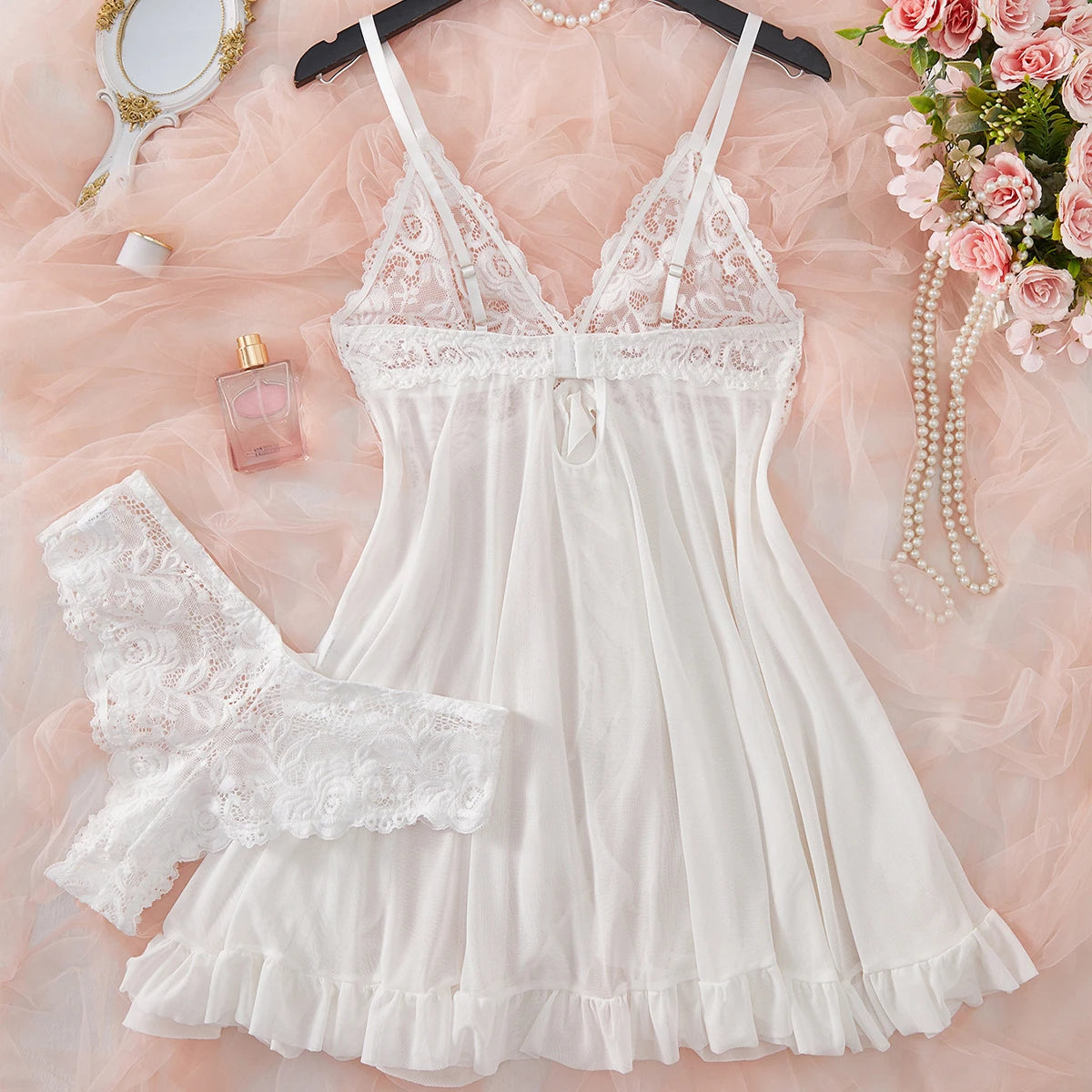 Conjunto de Lingerie Transparente Vermelha Sexy para Mulheres, Roupas de Dormir, Camisola de Renda e Calcinhas, Pijamas Femininos de Papai Noel