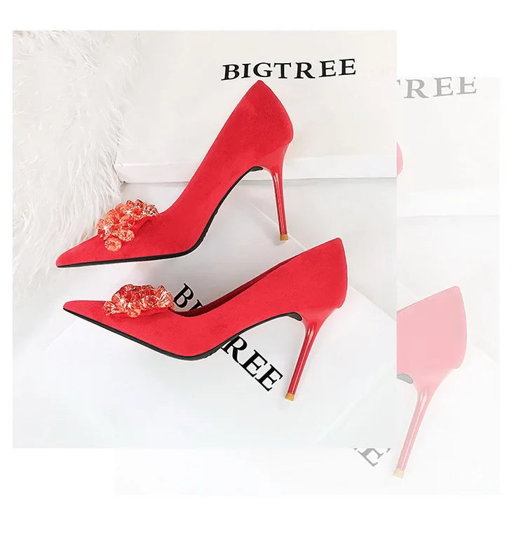 Sapatos BIGTREE 2025 Scarpin Feminino com Strass Laço Salto Alto Luxuoso Sapato de Banquete com Pedras Preciosas Salto Stiletto 9 cm Sapatos Femininos