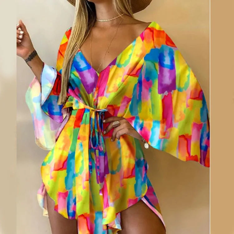 Vestido Estampado Feminino Sexy Com Decote em V, Manga Bat, Renda e Estampa de Flores, Vestido Boêmio de Praia, Vestido Mini Solto para Verão e Férias