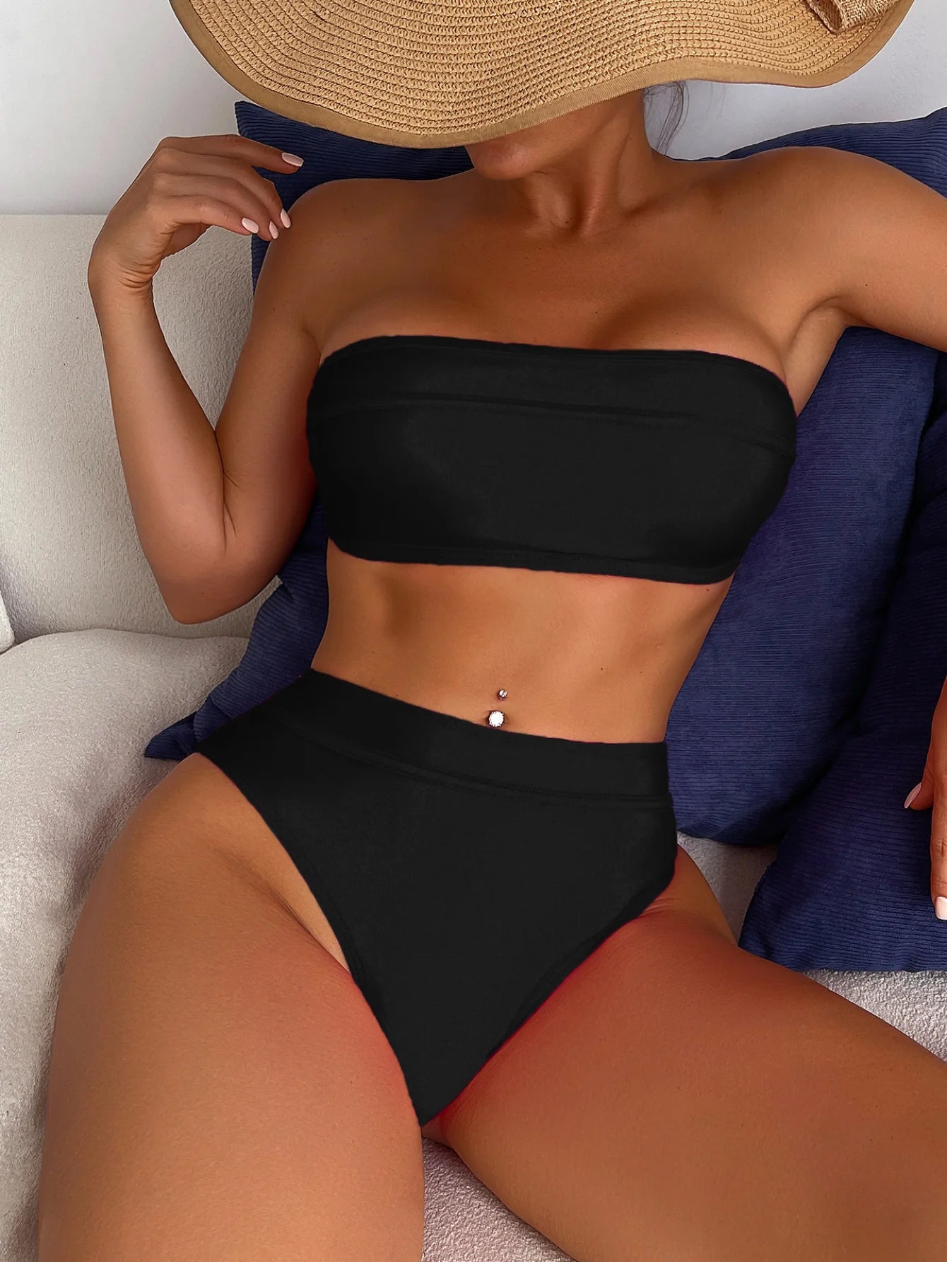 Conjunto de Biquíni Sexy Sem Alças e Costas 2 Peças para Mulheres, Biquíni de Praia Sólido com Fenda, Alta Cintura, Novo Conjunto de Biquíni de Verão 2025
