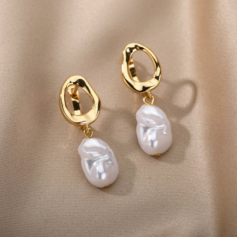 Brincos de Coração em Pérolas Douradas para Mulheres, Brincos Geométricos Quadrados em Aço Inoxidável, Joias de Casamento e Piercing da Moda para o Natal