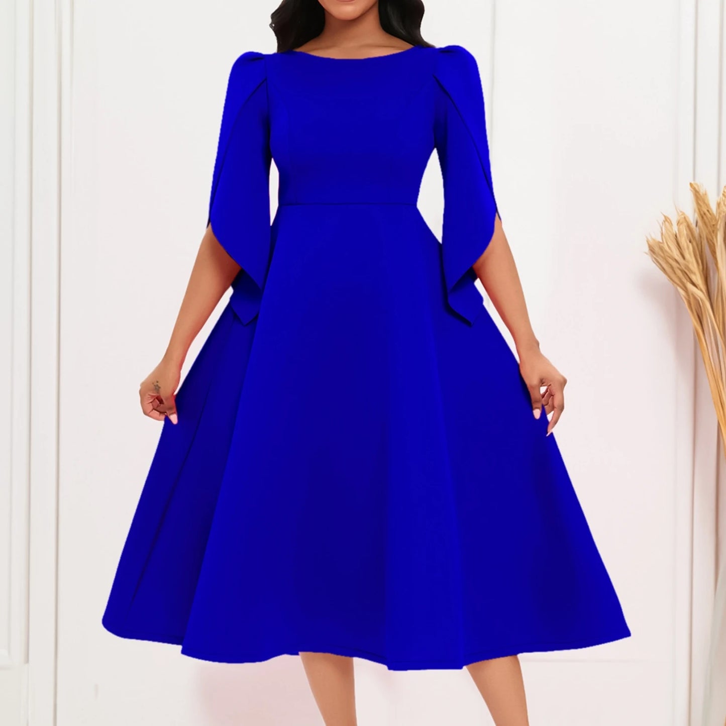 Vestido Feminino Elegante para Festa Vestidos de Verão em Cor Sólida Vestido de Noite com Decote Redondo Slim Vestido Feminino de Larga Amplitude com Comprimento Médio
