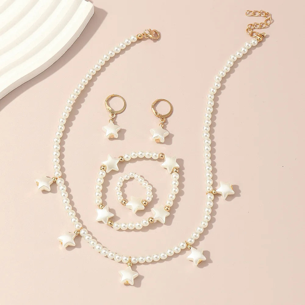 Joias de Pérolas Altas Francesas para Crianças - Conjunto Luxuoso Leve com Design de Nicho: Colar, Pulseira, Anel e Brincos