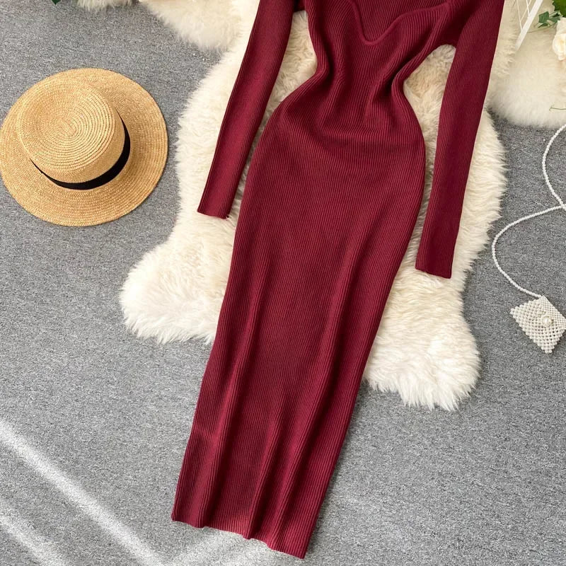 Vestidos para mulheres 2026 vestido justo sem alças em tricô canelado sexy, vestido de suéter midi de manga longa para o inverno