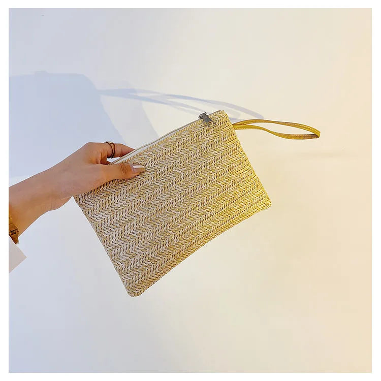 Weaving Bag Fashion Ladies Wristlet Clutch Women Daily Money Phone Clutch Solid Straw Woven Coin Purse Beach Wallet Card Holder