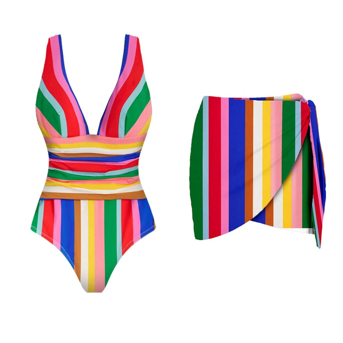 Conjunto de 2 peças de maiô listrado com saia longa, biquíni sexy feminino com push up, halter, biquíni feminino, traje de banho modelador, roupa de praia.