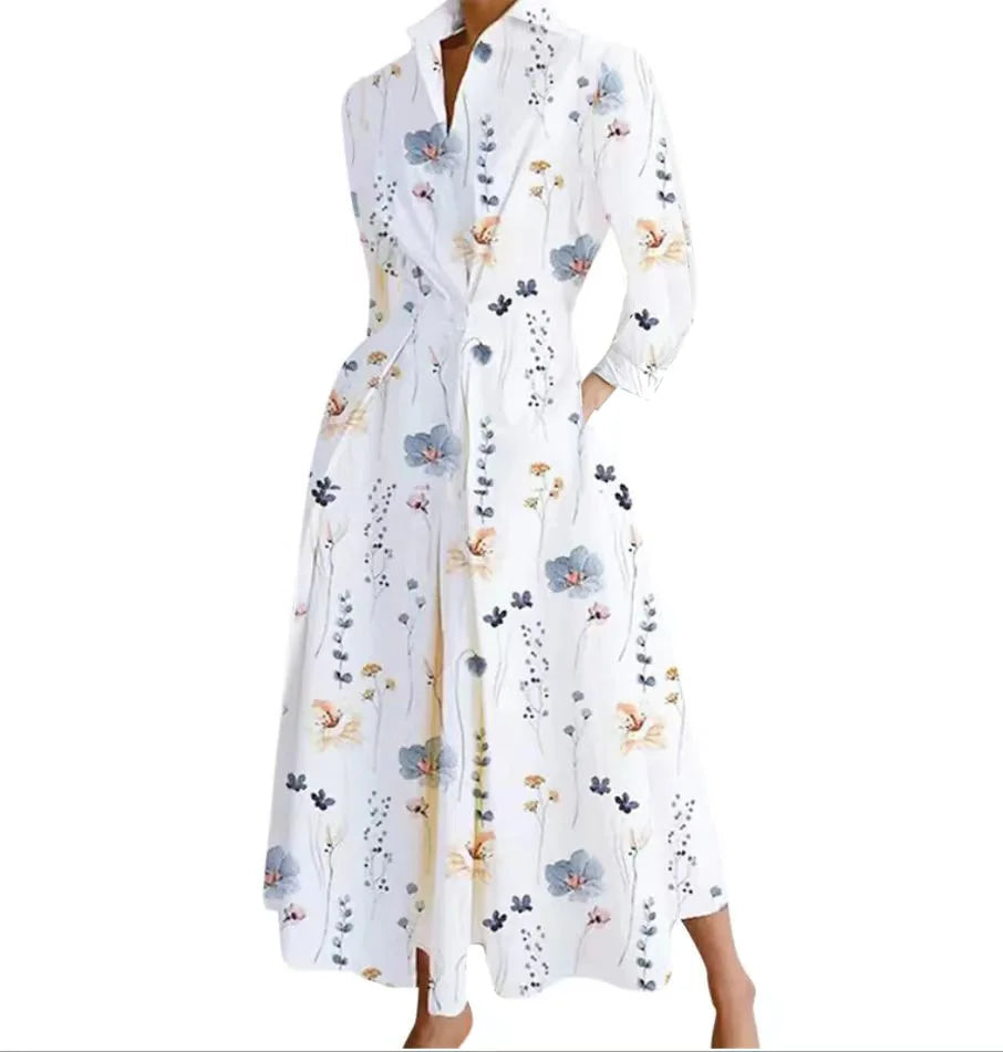 Vestidos Para Mulheres 2024 Vestido Casual Elegante de Verão para Festa, Vestido Camiseta de Bolinha com Decote em V, Estampa Solta com Botões