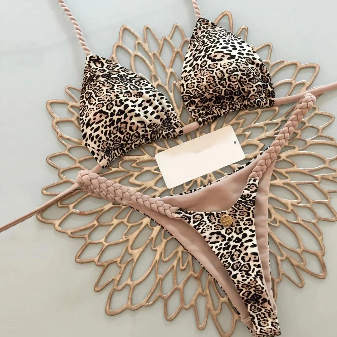 Novo Biquíni Feminino Sunga de Praia Férias Roupa de Banho Conjunto de Biquíni Estampado de Leopardo Roupa de Praia Sunga Biquíni