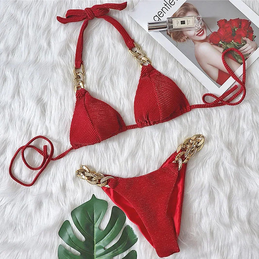 Biquíni de Cadeia de Halter com Diamante de Strass para Mulheres, Roupa de Banho Feminina, Conjunto de Biquíni com Duas Peças, Roupa de Banho Brasileira