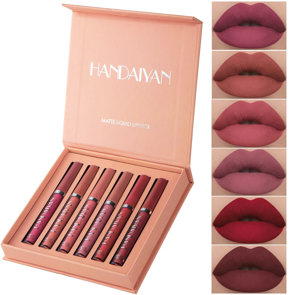 Conjunto HANDAIYAN com 6 Batons Líquidos Não Grudentos, Caixa de Presente de Brilho Labial de Longa Duração – Brilho Labial com Acabamento Fosco, Resistente ao Desgaste