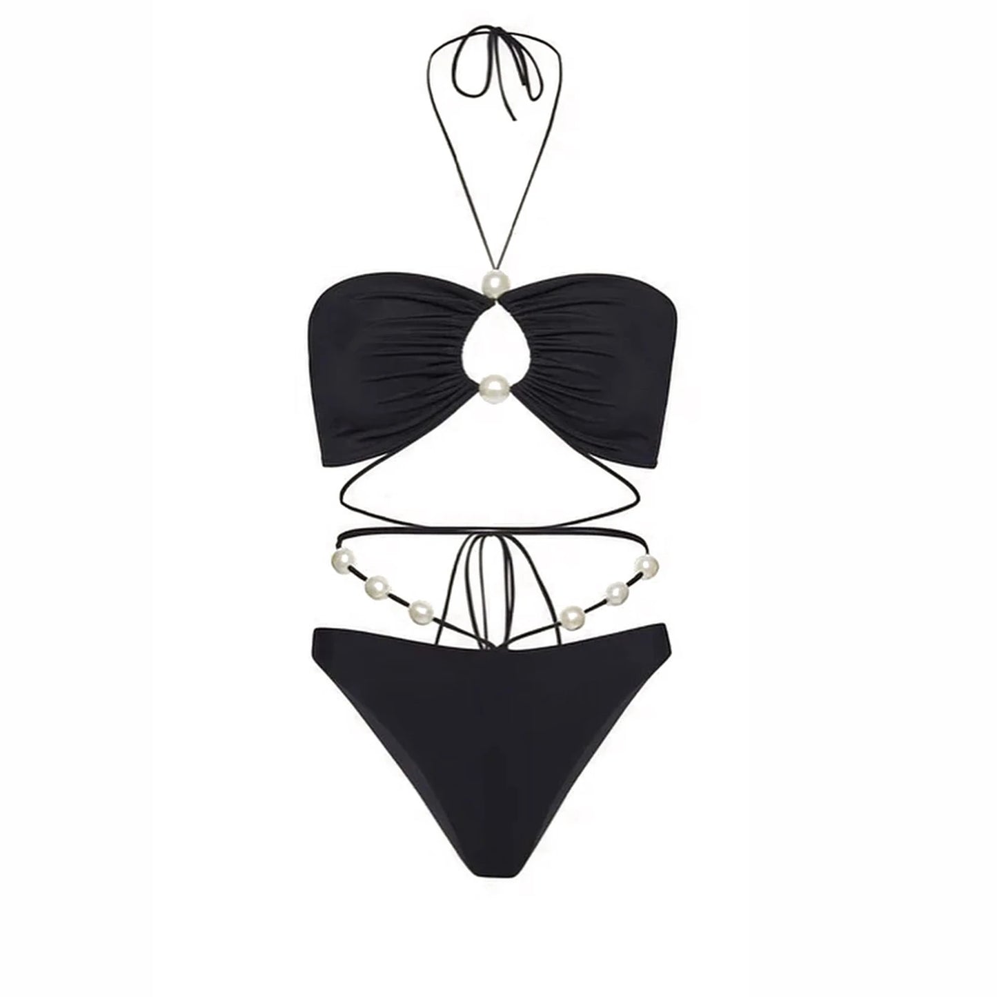 Conjunto de Biquíni Sexy com 3 Peças e Capa, Biquíni Branco com Pérolas, Maiô Feminino Halter, Roupa de Banho com Ombros Descidos, Biquíni para Praia