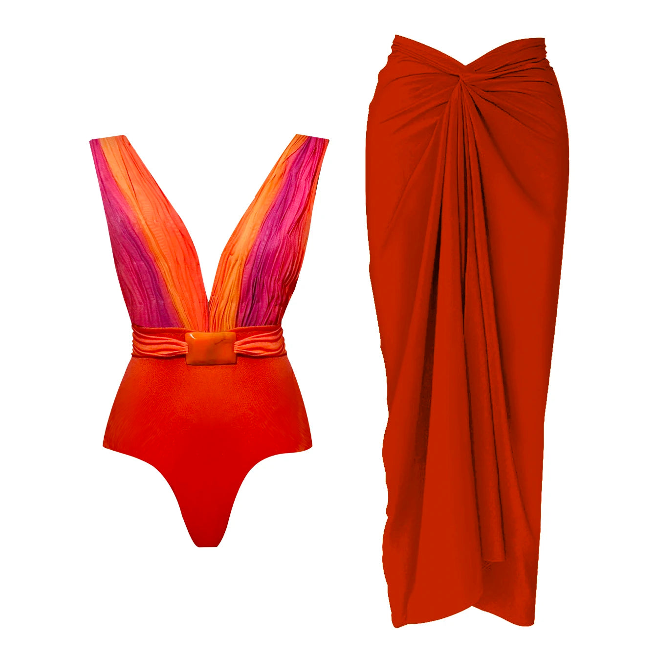 Maiô em 2 peças com decote em V profundo e saia longa, roupas de banho femininas sexy, biquíni brilhante, maiô estampado, moda de praia