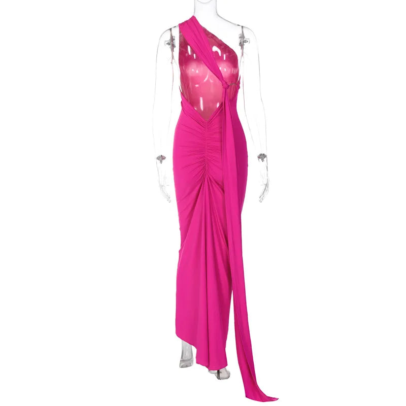 Vestido Longo de Cocktail Elegante Feminino para Festa, Costas Nuas, Abertura Costas, Com Pregas, Justo, Formal para Convidadas de Casamento