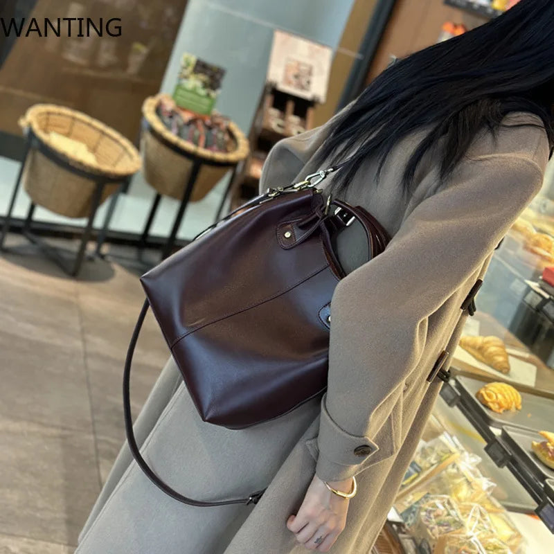 Genuine Leather Women's Tote Bag 2025 New Woman Shoulder Bags Fashion Cowhide Crossbody Bucket Bag Female Handbags 9258