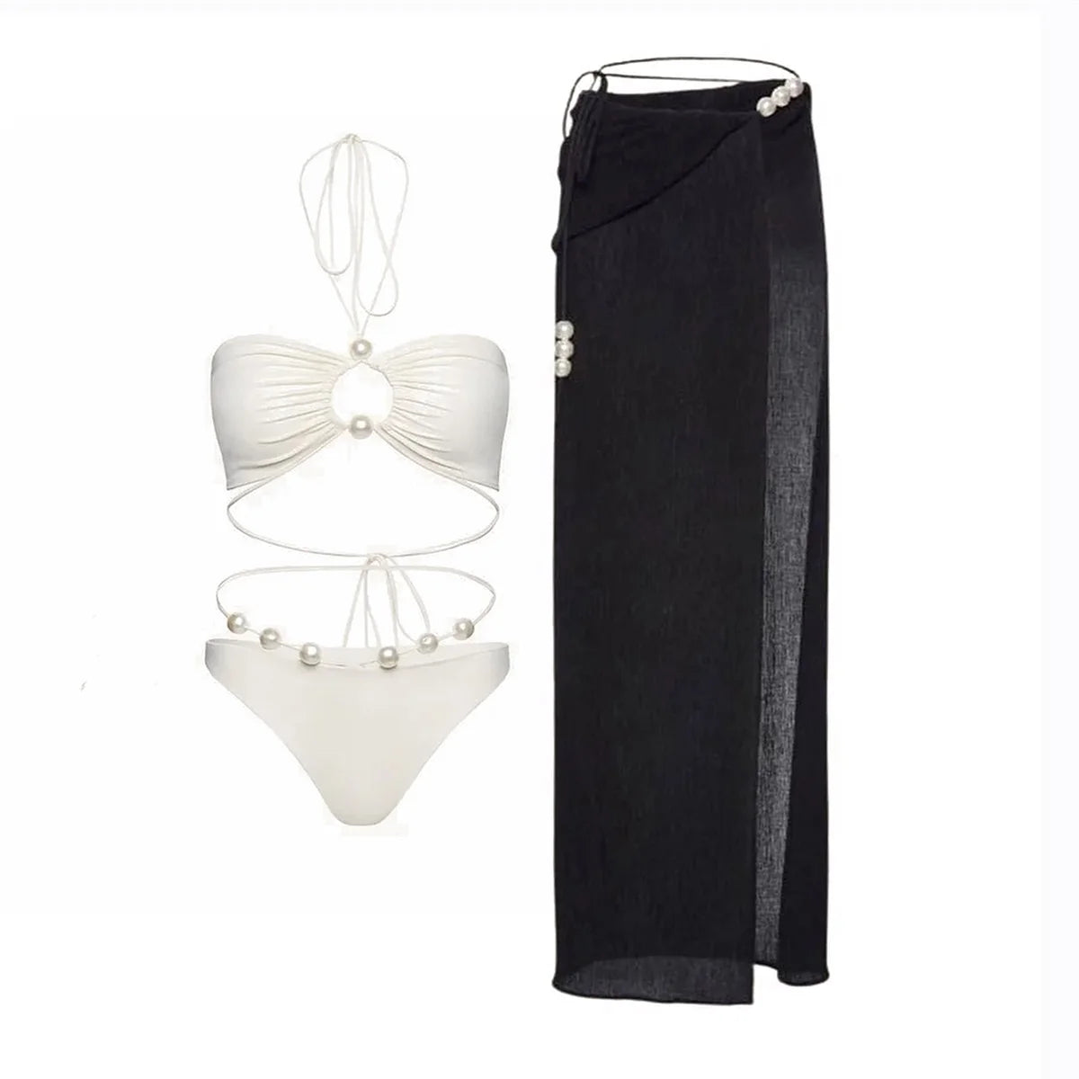 Conjunto de Biquíni Sexy com 3 Peças e Capa, Biquíni Branco com Pérolas, Maiô Feminino Halter, Roupa de Banho com Ombros Descidos, Biquíni para Praia