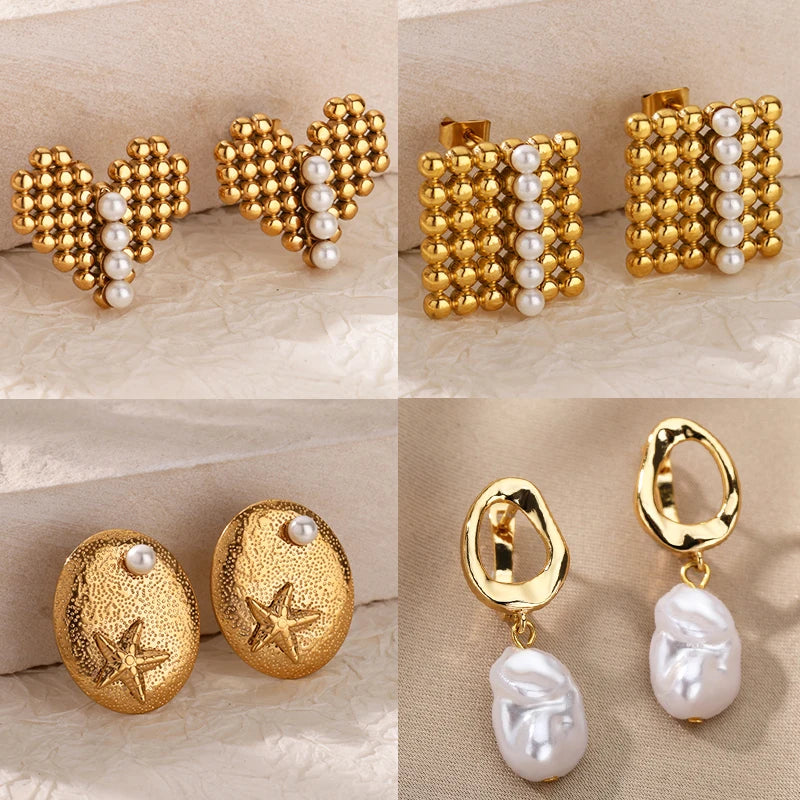 Brincos de Coração em Pérolas Douradas para Mulheres, Brincos Geométricos Quadrados em Aço Inoxidável, Joias de Casamento e Piercing da Moda para o Natal
