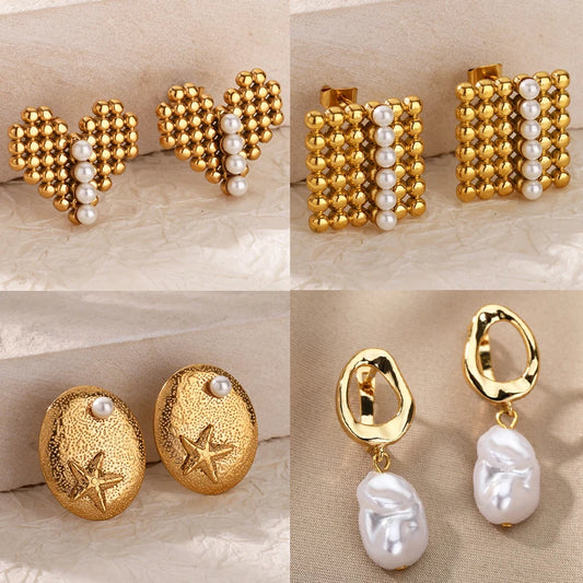 Brincos de Coração em Pérolas Douradas para Mulheres, Brincos Geométricos Quadrados em Aço Inoxidável, Joias de Casamento e Piercing da Moda para o Natal