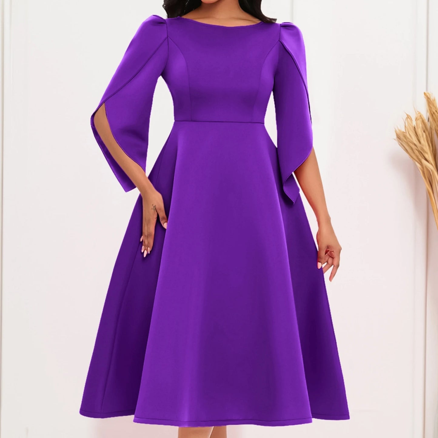 Vestido Feminino Elegante para Festa Vestidos de Verão em Cor Sólida Vestido de Noite com Decote Redondo Slim Vestido Feminino de Larga Amplitude com Comprimento Médio