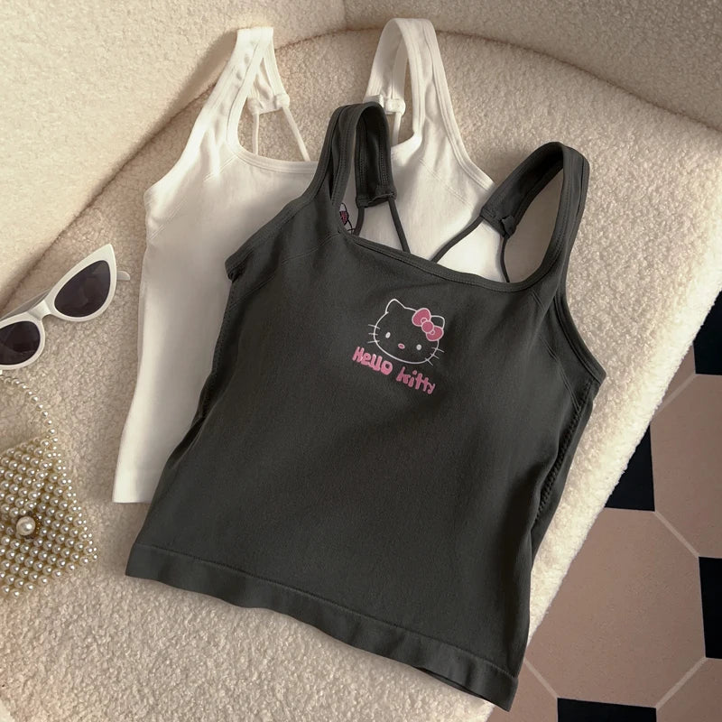 Sanrio HelloKitty Roupas de Moda Y2K Top com Almofada de Seio Top Bonito Para Meninas Verão Top Cropped Branco Sexy Suspensório Presente Para Menina