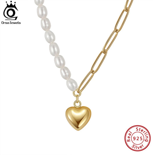 COLAR DE PEROLA NATURAL COM CORAÇÃO DE PENDENTE EM ELOS MEIA PAPERCLIP DE OURO 14K ORSA JEWELS PARA MULHERES E MENINAS GPN33