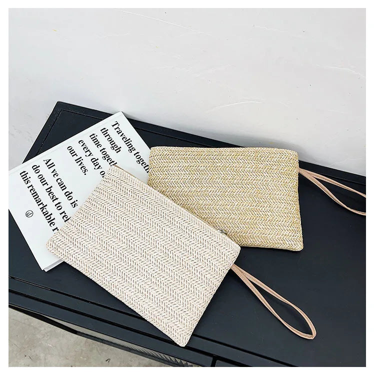 Weaving Bag Fashion Ladies Wristlet Clutch Women Daily Money Phone Clutch Solid Straw Woven Coin Purse Beach Wallet Card Holder